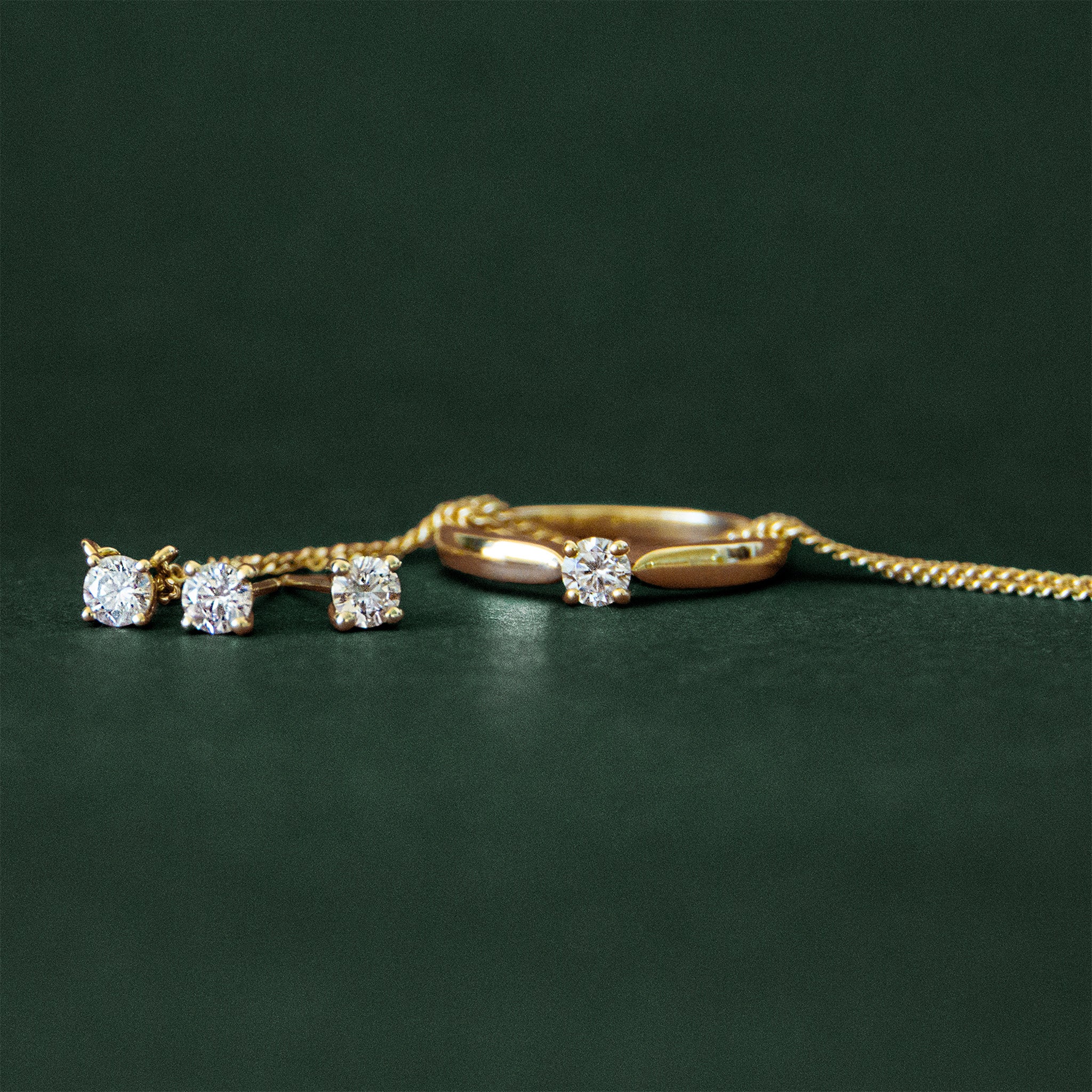 classic diamond set of stud earrings, solitaire necklace, and ring - solid gold jewellery made in Australia