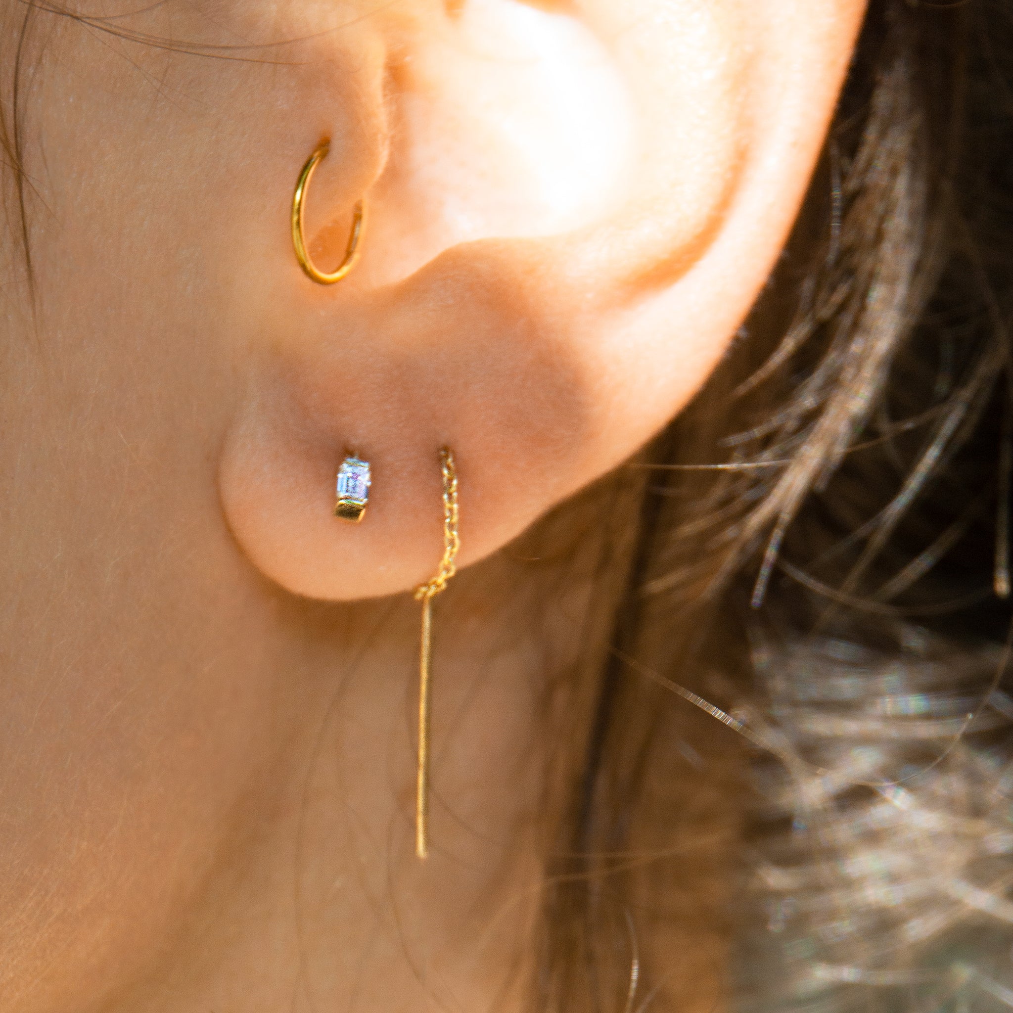 Emerald Diamond Threader Earrings - Yellow Gold
