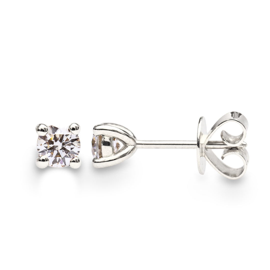 round brilliant cut diamond stud earring with solid gold four claw basket setting and heavy backs