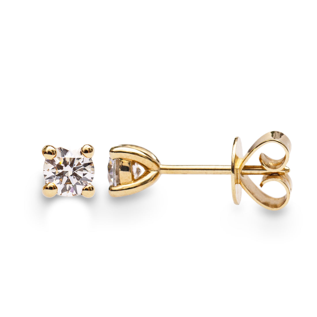 round brilliant cut diamond stud earring with solid gold four claw basket setting and heavy backs