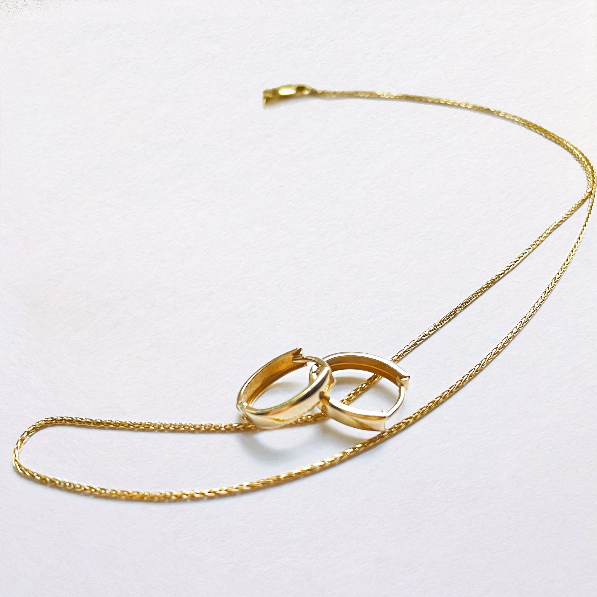 solid gold huggie hoop earrings and gwenith wheat chain necklace - AïANA jewellery Australia