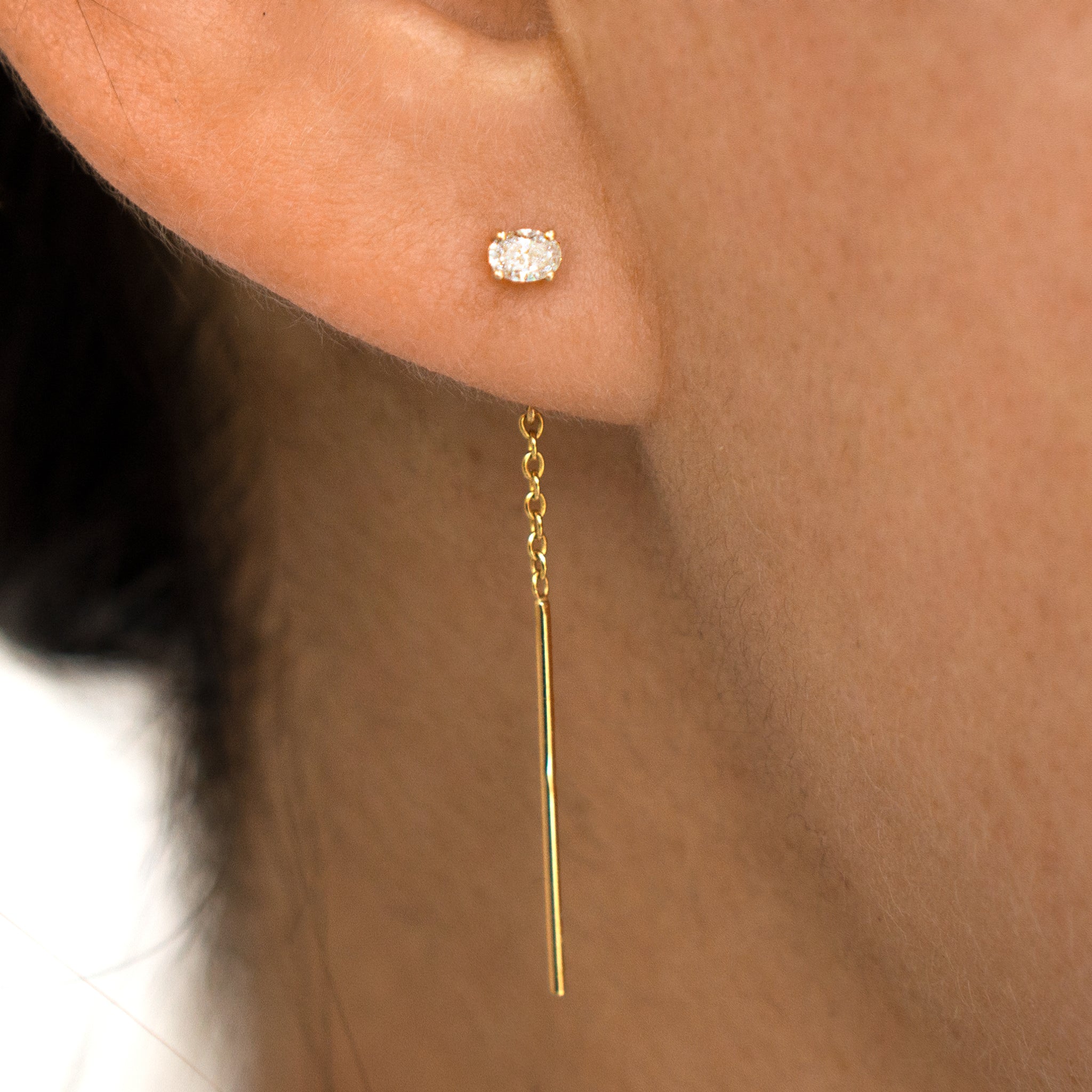 Oval Diamond Threader Earrings - Yellow Gold