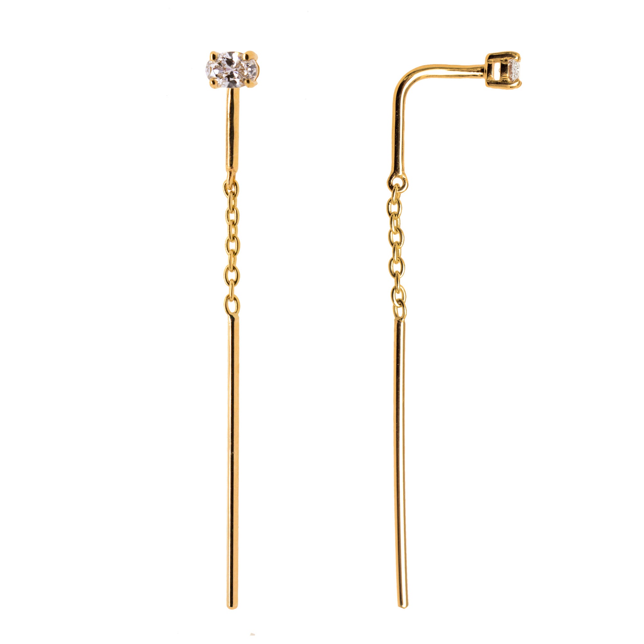 oval diamond threader earrings in yellow gold