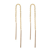 solid gold long threader earrings with chain and gold bars at ends