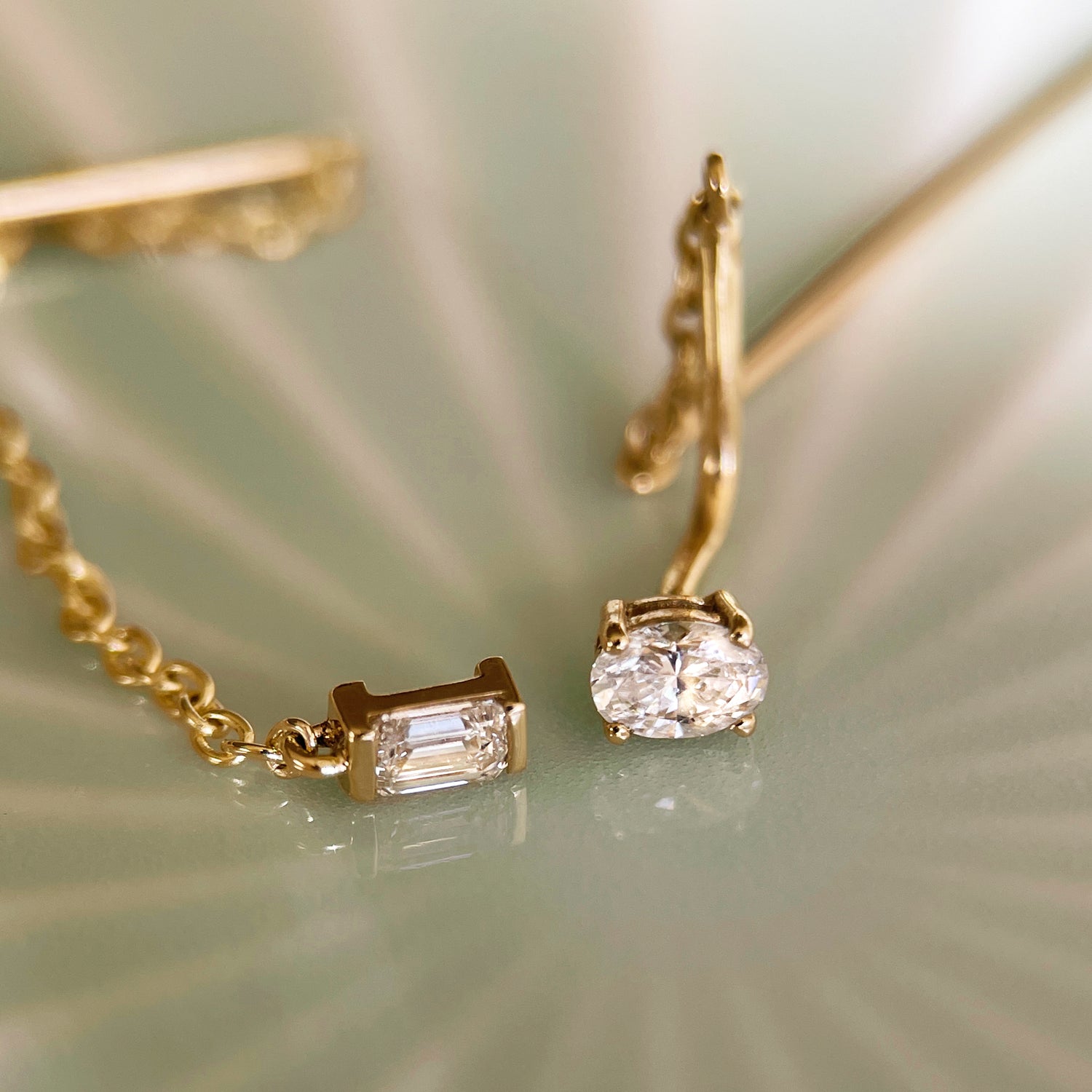 Oval Diamond Threader Earrings - Yellow Gold