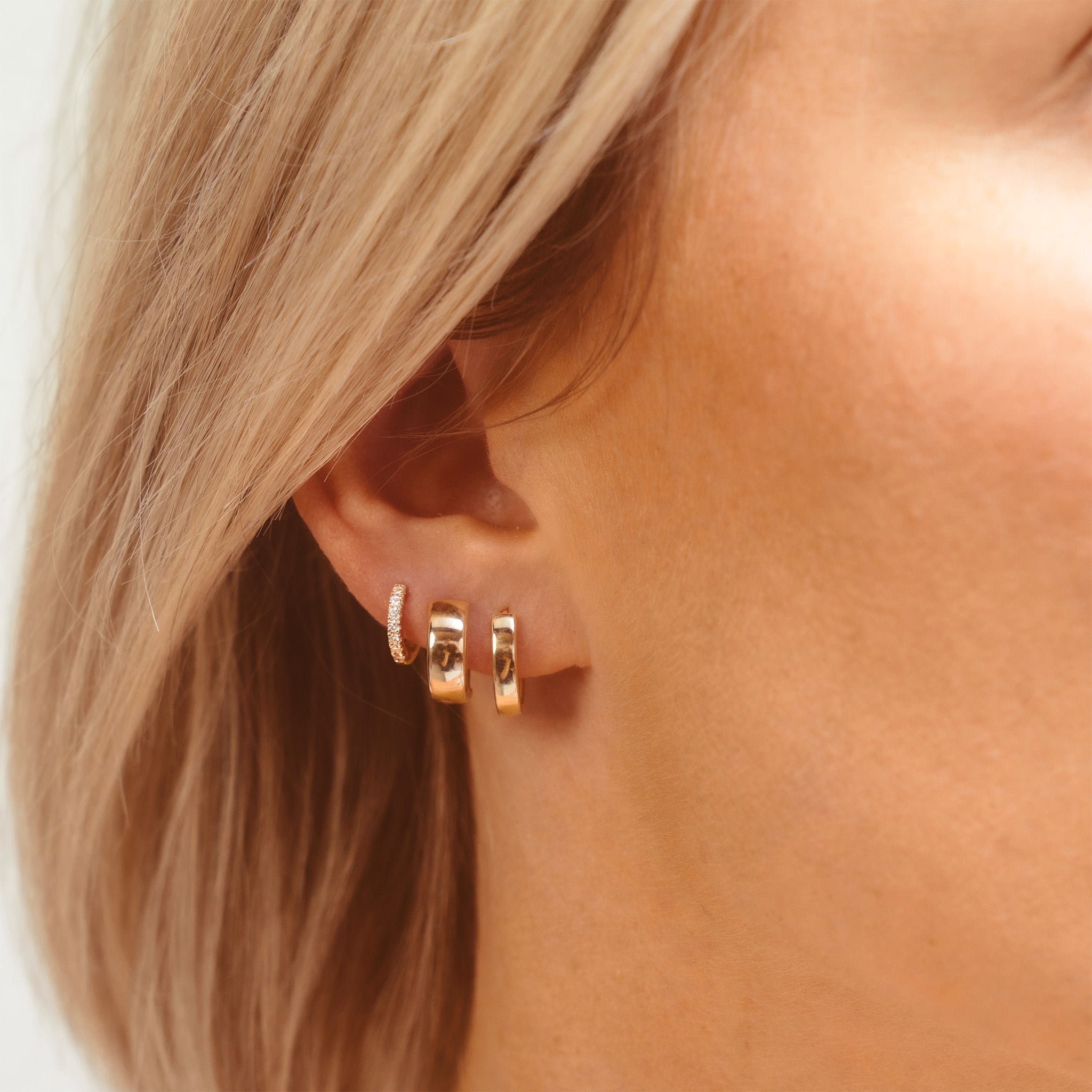 solid gold diamond huggie hoop stack on ear - AïANA jewellery Australia