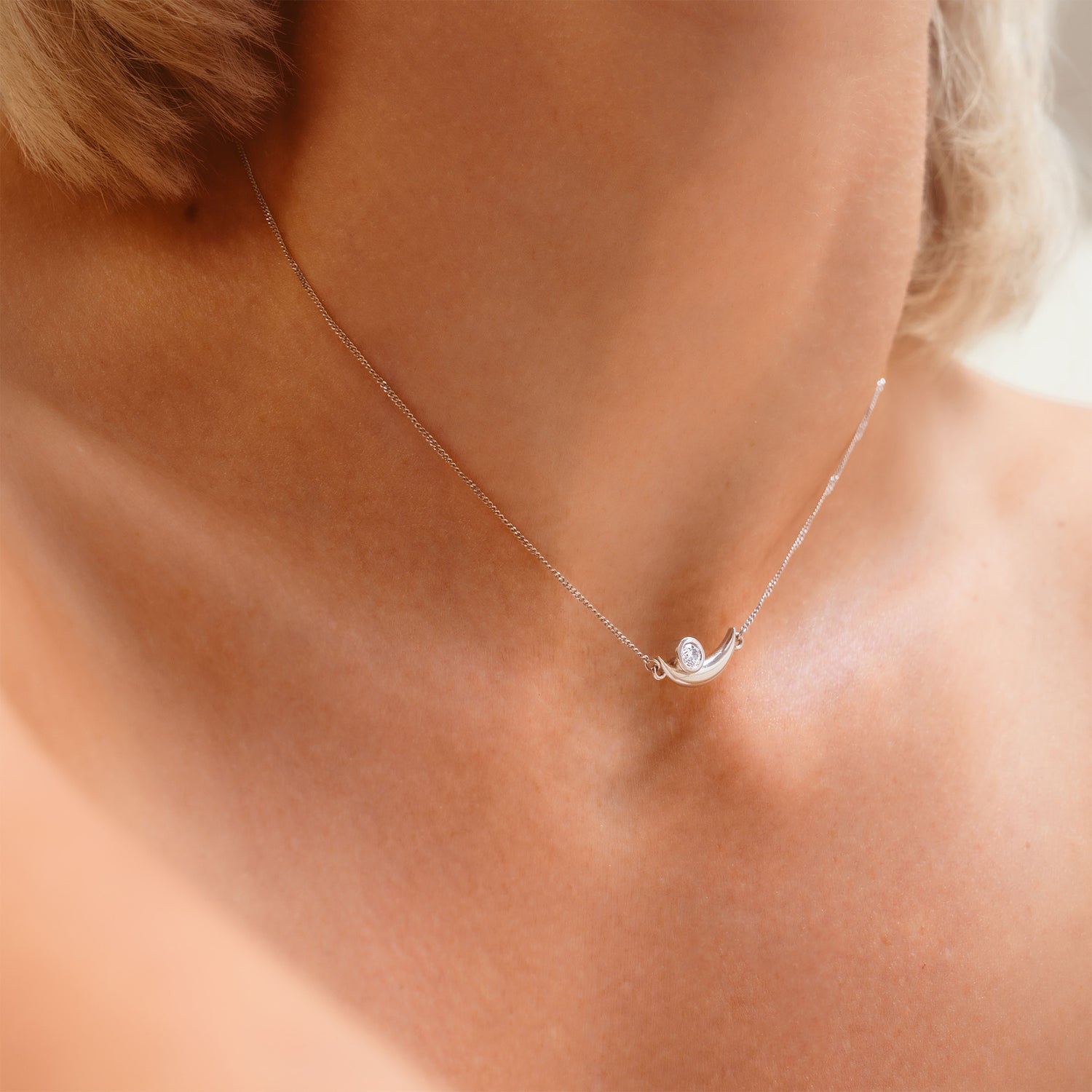 solid white gold crescent necklace with diamond on neck - AIANA jewellery Australia