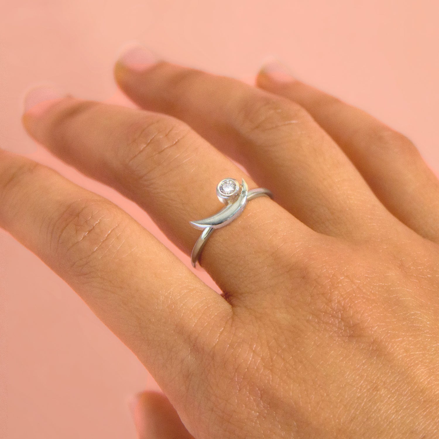 white gold Modern bezel set lab diamond ring with crescent shape