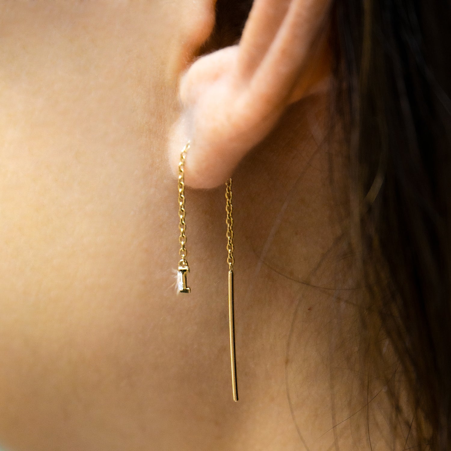 Emerald Diamond Threader Earrings - Yellow Gold
