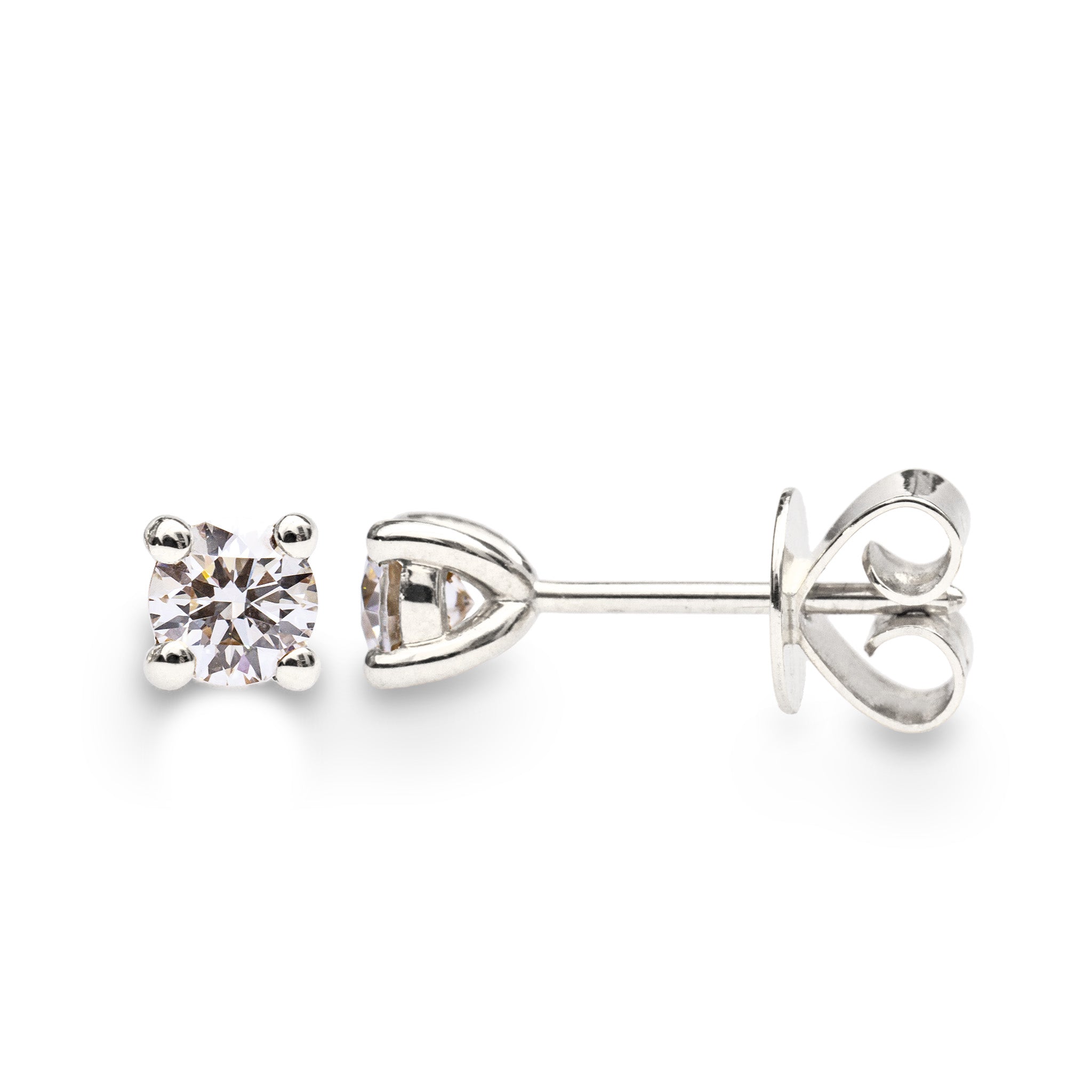 round brilliant cut diamond stud earring with solid gold four claw basket setting and heavy backs