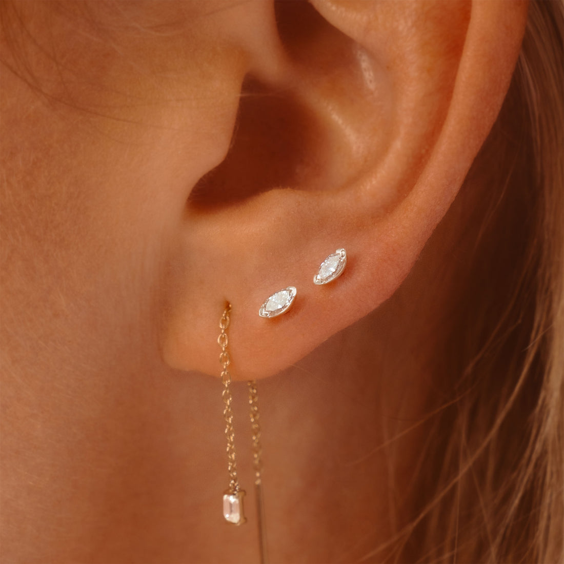 solid gold lab diamond marquise studs and threader chain earrings on ear - sydney jewellery