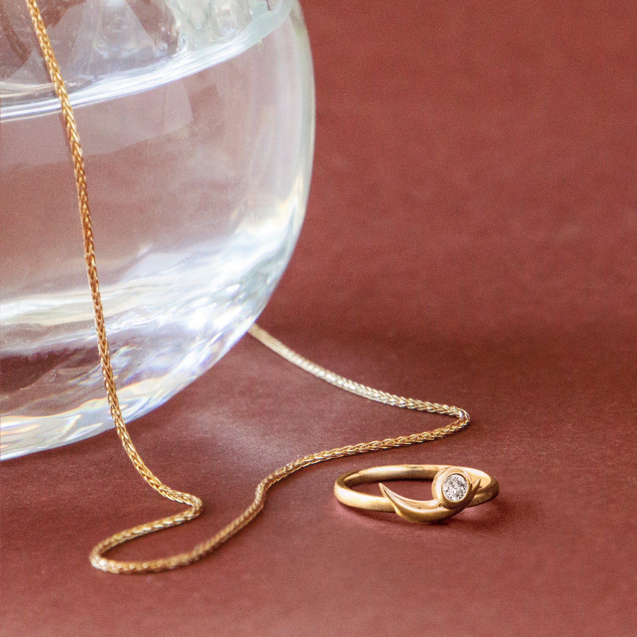 Yellow gold fine chain necklace and bezel set gold diamond ring  - AïANA